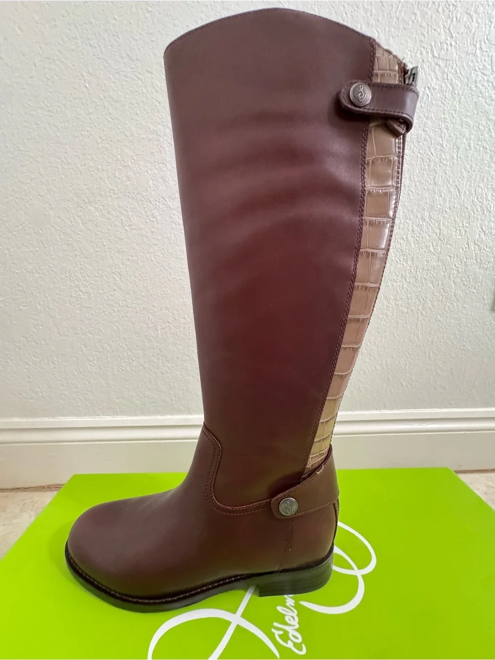 NIB Sam Edelman Sz 6 Mikala Terazzo Brown Leather Block Heel Riding Knee Boots
